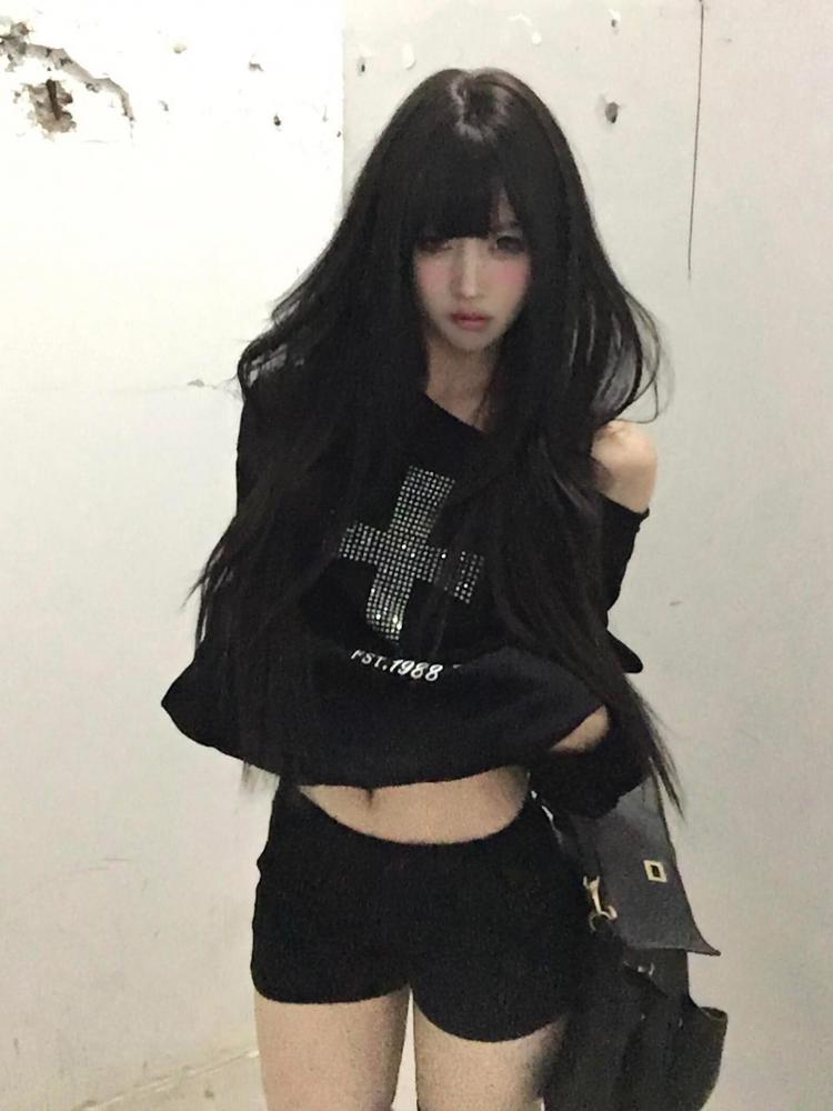AliExpress Seeslim Cross One-shoulder Graphic Hoodies Long Sleeve Black Women's Sweatshirts Harajuku Grunge 2000s Clothes Y2k Autumn Tops, view 2