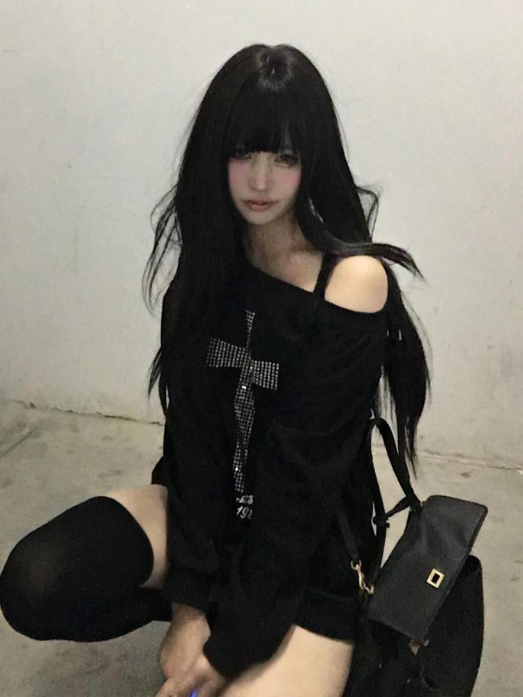 AliExpress Seeslim Cross One-shoulder Graphic Hoodies Long Sleeve Black Women's Sweatshirts Harajuku Grunge 2000s Clothes Y2k Autumn Tops, view 3