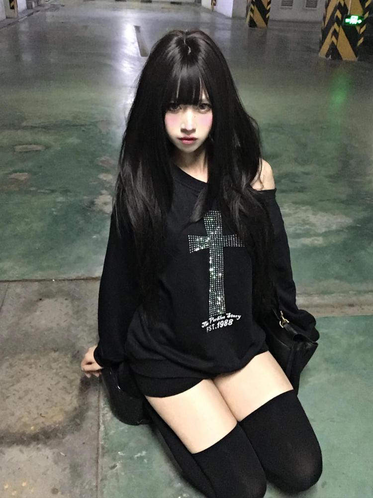 AliExpress Seeslim Cross One-shoulder Graphic Hoodies Long Sleeve Black Women's Sweatshirts Harajuku Grunge 2000s Clothes Y2k Autumn Tops, view 5
