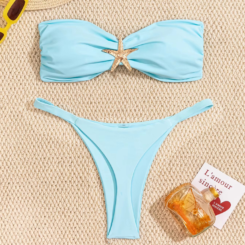 AliExpress Sexy Bandeau Bikini Set 2026 Women Sky Blue Starfish Ornament Push Up Thong Swimsuit Brazilian Beach Bathing Suit Micro Swimwear