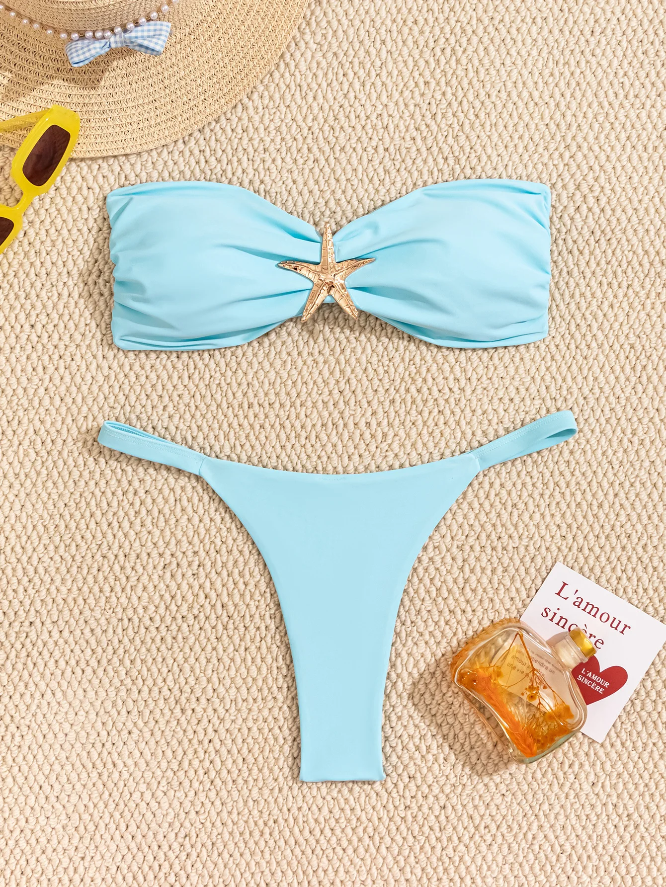 AliExpress Sexy Bandeau Bikini Set 2026 Women Sky Blue Starfish Ornament Push Up Thong Swimsuit Brazilian Beach Bathing Suit Micro Swimwear, view 2