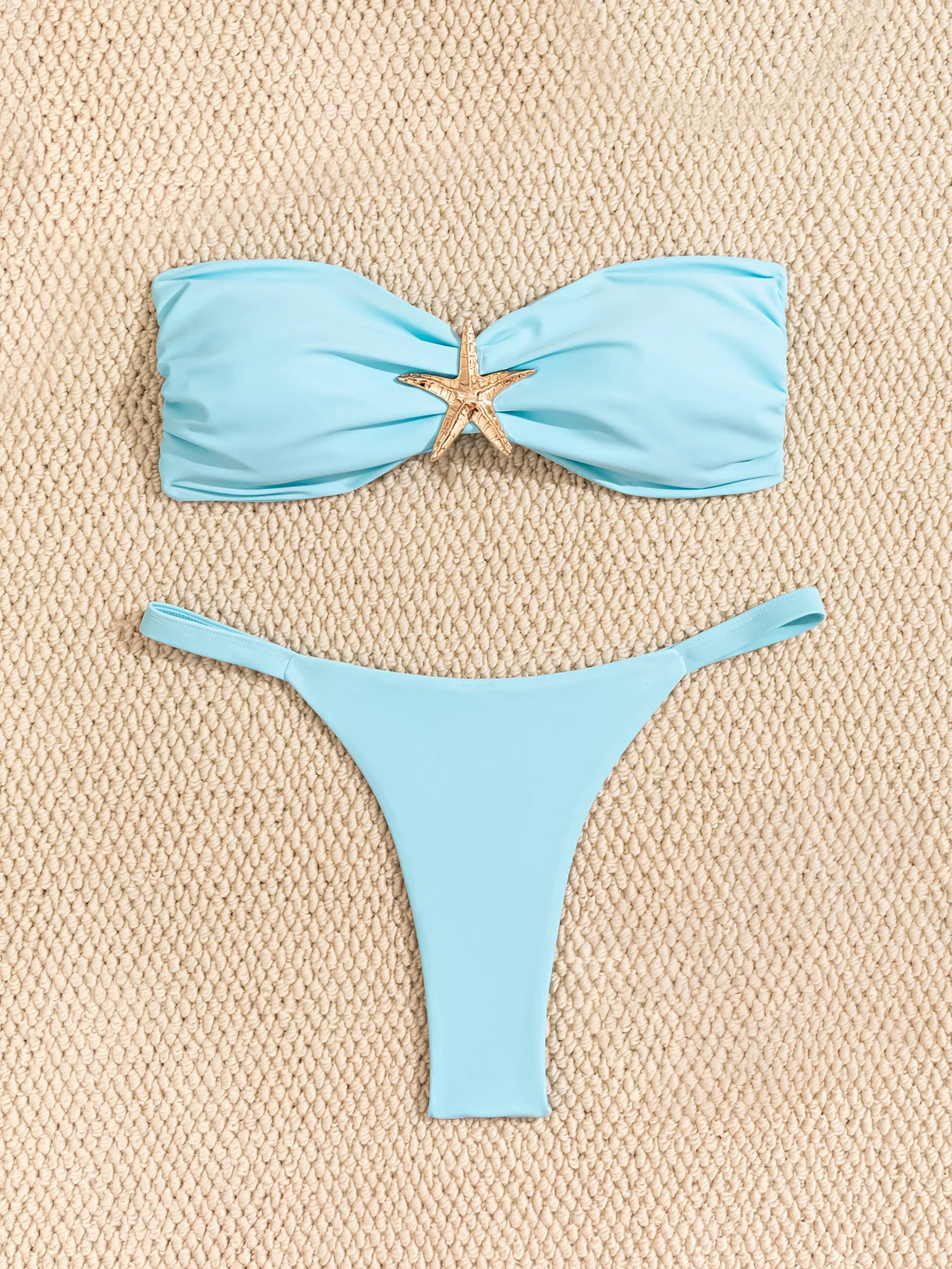 AliExpress Sexy Bandeau Bikini Set 2026 Women Sky Blue Starfish Ornament Push Up Thong Swimsuit Brazilian Beach Bathing Suit Micro Swimwear, view 3