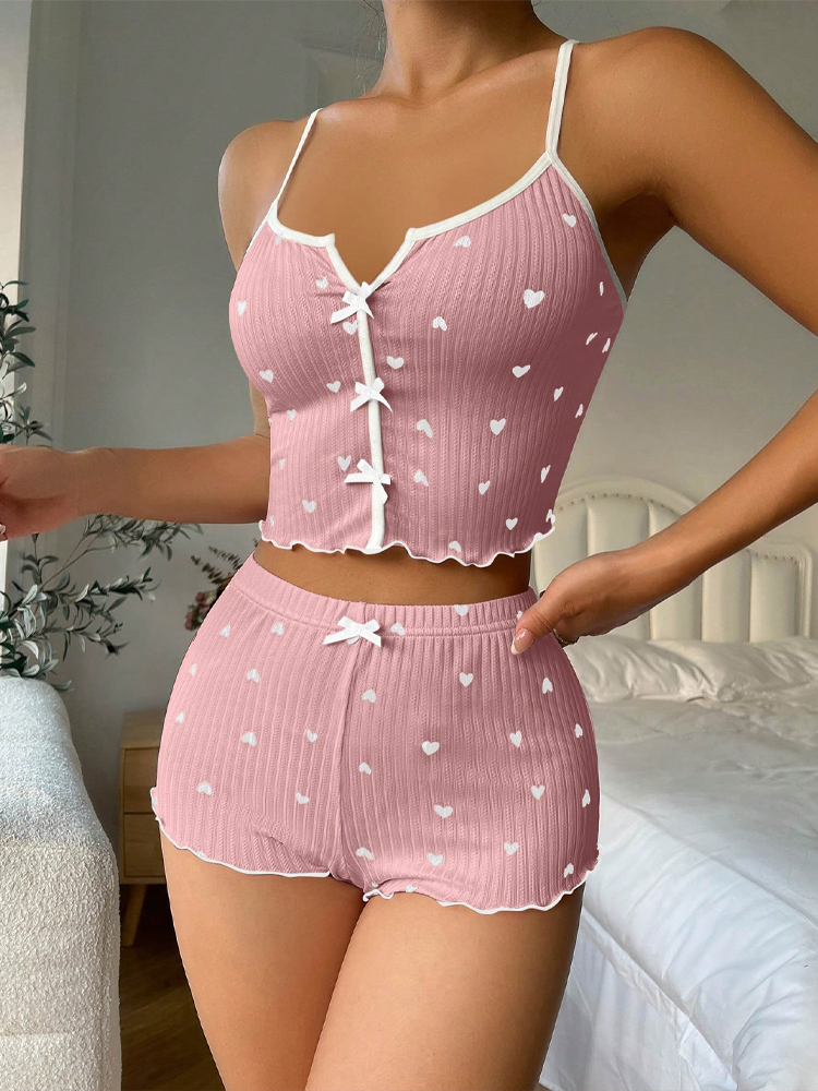 AliExpress Sexy Heart Print Pajama Set for Women Sleepwear Silk Stain V-Neck Sleeveless Casual Cami Top and Shorts Sets Loungewear, view 3