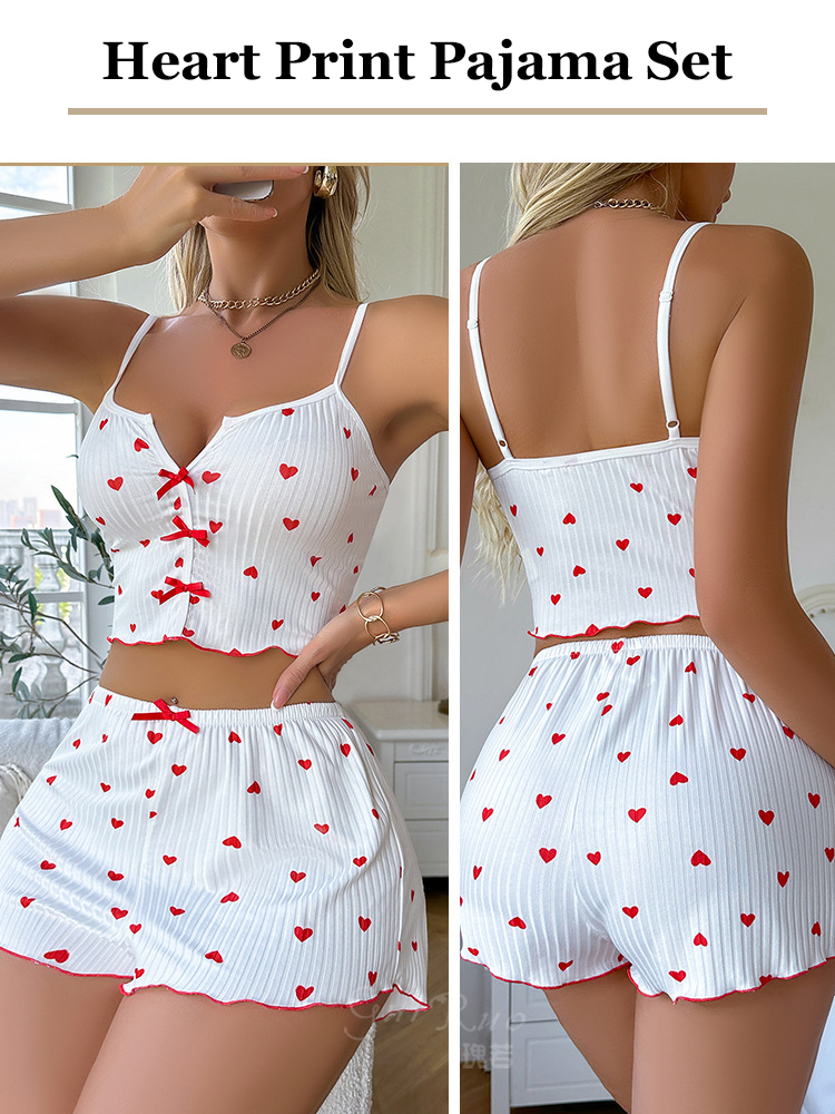 AliExpress Sexy Heart Print Pajama Set for Women Sleepwear Silk Stain V-Neck Sleeveless Casual Cami Top and Shorts Sets Loungewear, view 5