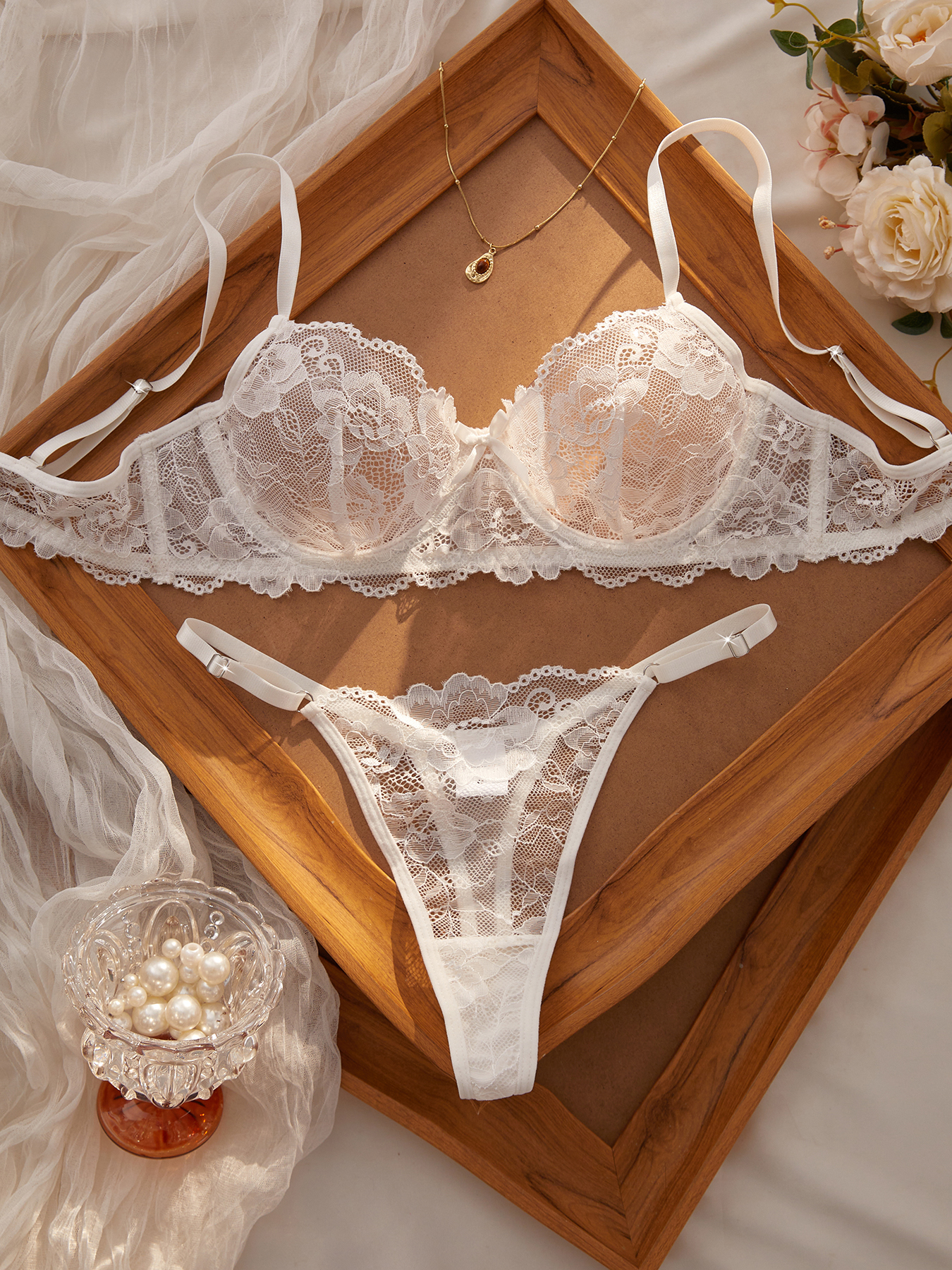 AliExpress Sexy Lace Floral Underwear Set Women's Ultra-Thin Bra Set 2-Piece Bra And Panties Combo for Ladies, view 2