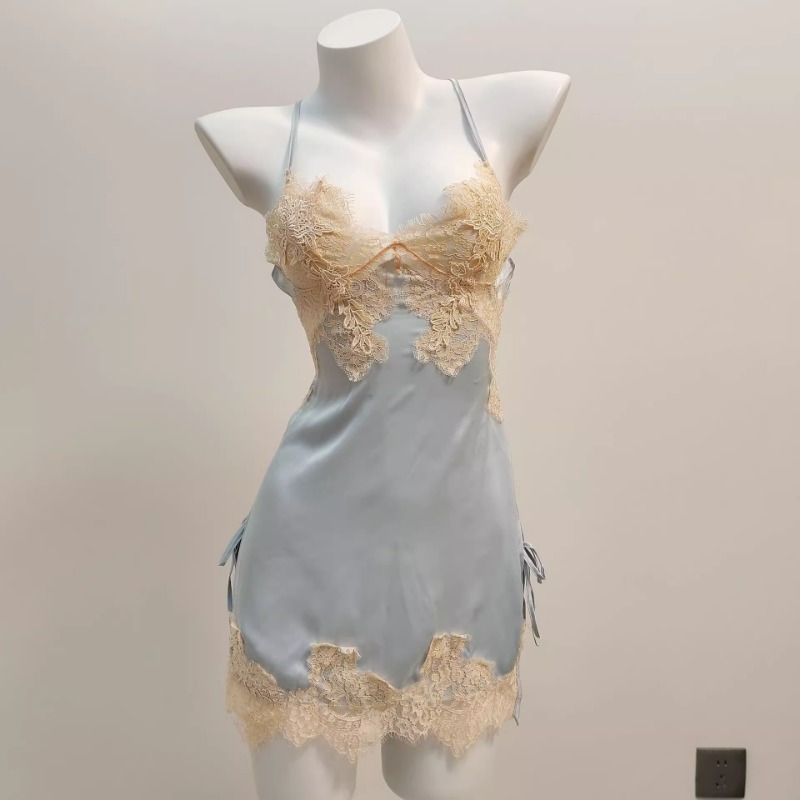 AliExpress Sexy Pajamas for Women Nightwear Ice Silk Lace Beautiful Back Suspender Pajama Night Dress Elegant Strap Sweet Nightgown 2025, view 2