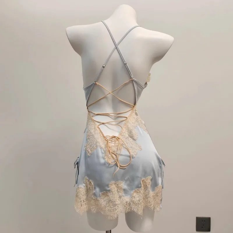 AliExpress Sexy Pajamas for Women Nightwear Ice Silk Lace Beautiful Back Suspender Pajama Night Dress Elegant Strap Sweet Nightgown 2025, view 3