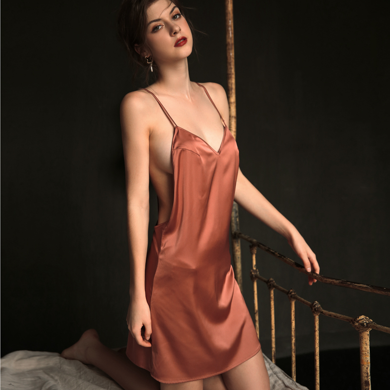 AliExpress Sexy Pajamas Night Dress Women Sleepwear Deep V Suspender Nightdress Beauty Back Simulation Silk Nightgowns Thin Home Clothes, view 3