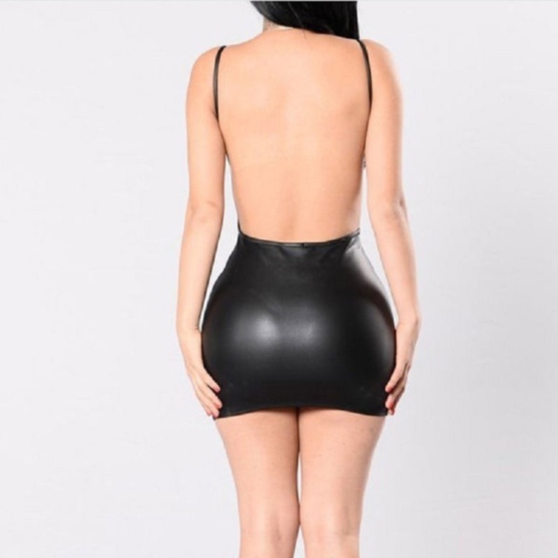AliExpress Sexy PU Leather Dress Backless Club Party Short Dress Solid Black Bodycon Push Up Mini Dress Evening Outfit Fashion Women Dress, view 5