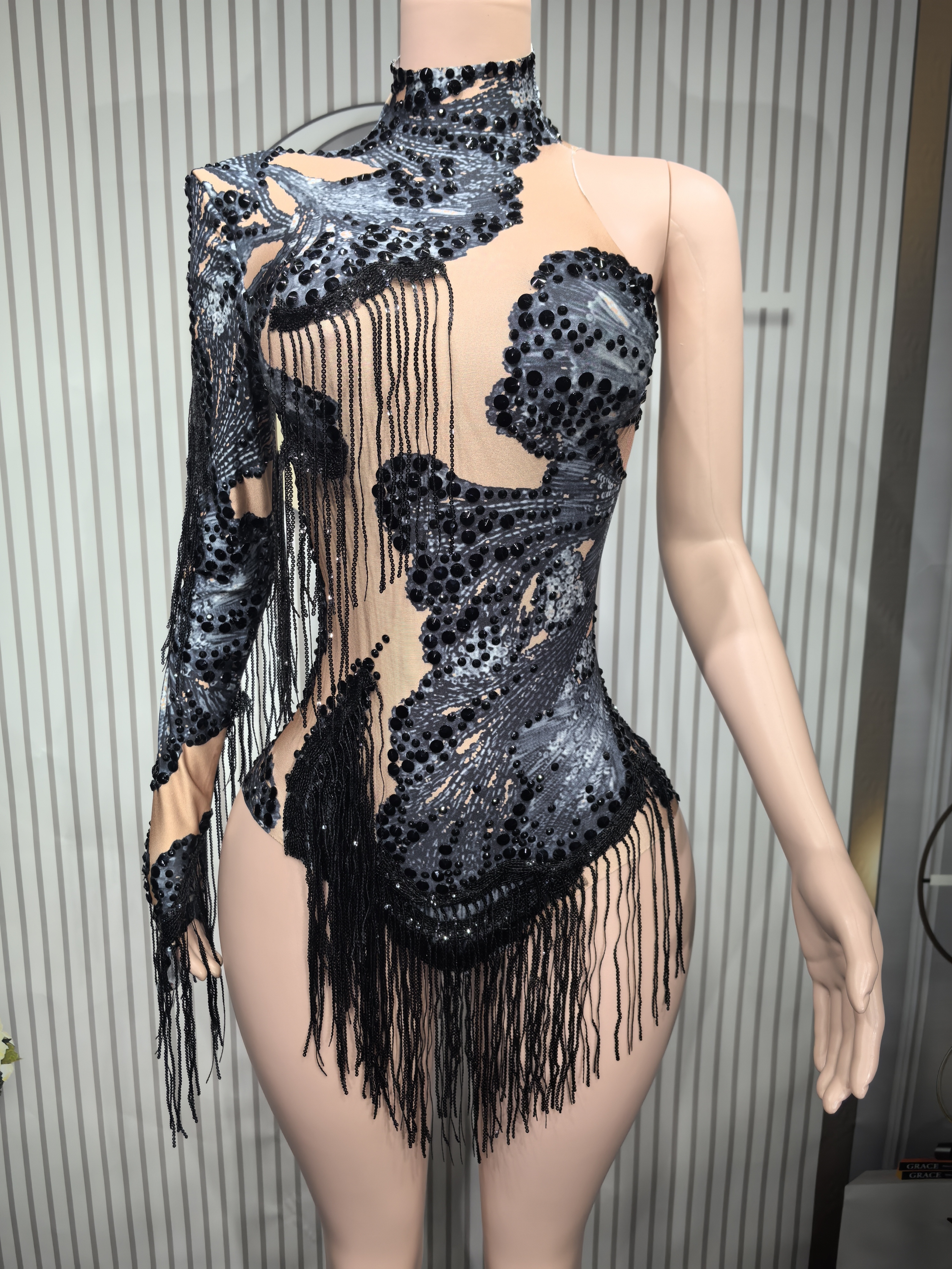 AliExpress Sexy Skinny Leotard Singer Dancer Show StageWear Sparkly Blue Rhinestones Women DanceCostume Fringes One Shoulder Bodysuit  7G, view 3
