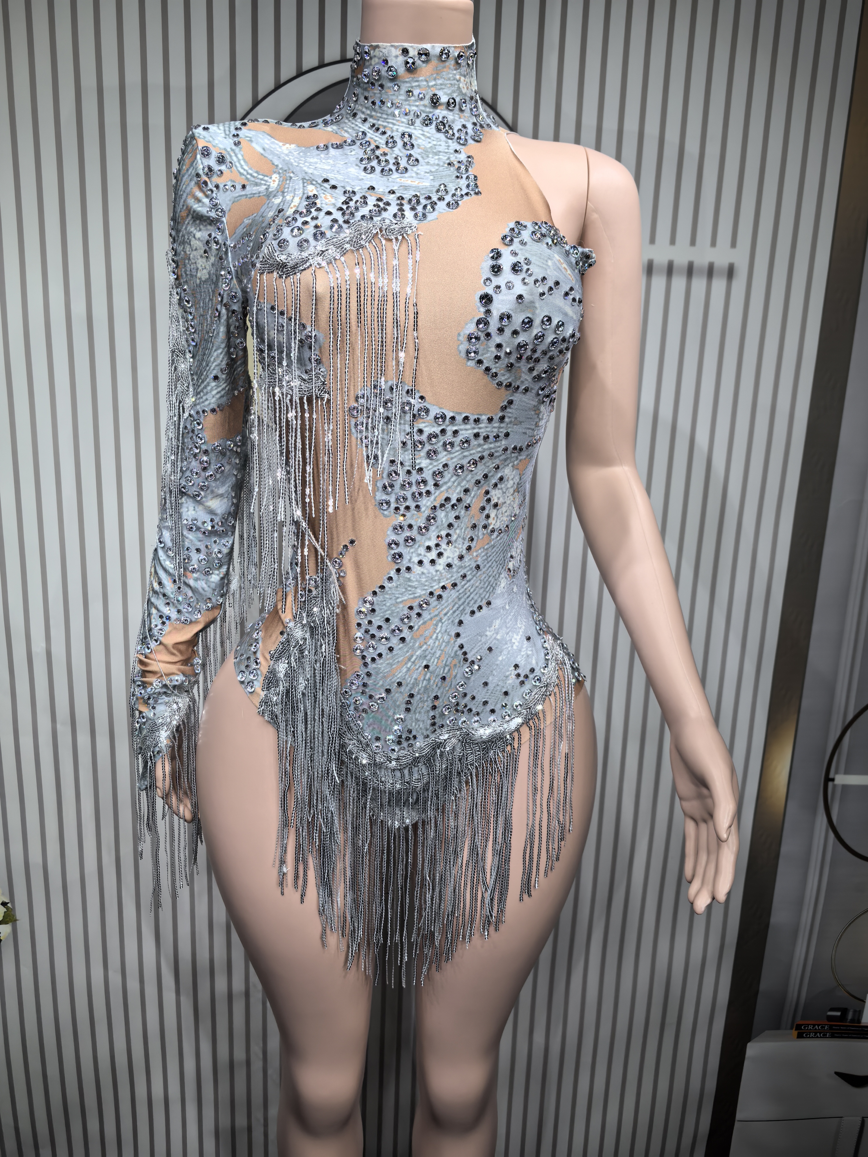 AliExpress Sexy Skinny Leotard Singer Dancer Show StageWear Sparkly Blue Rhinestones Women DanceCostume Fringes One Shoulder Bodysuit  7G, view 5