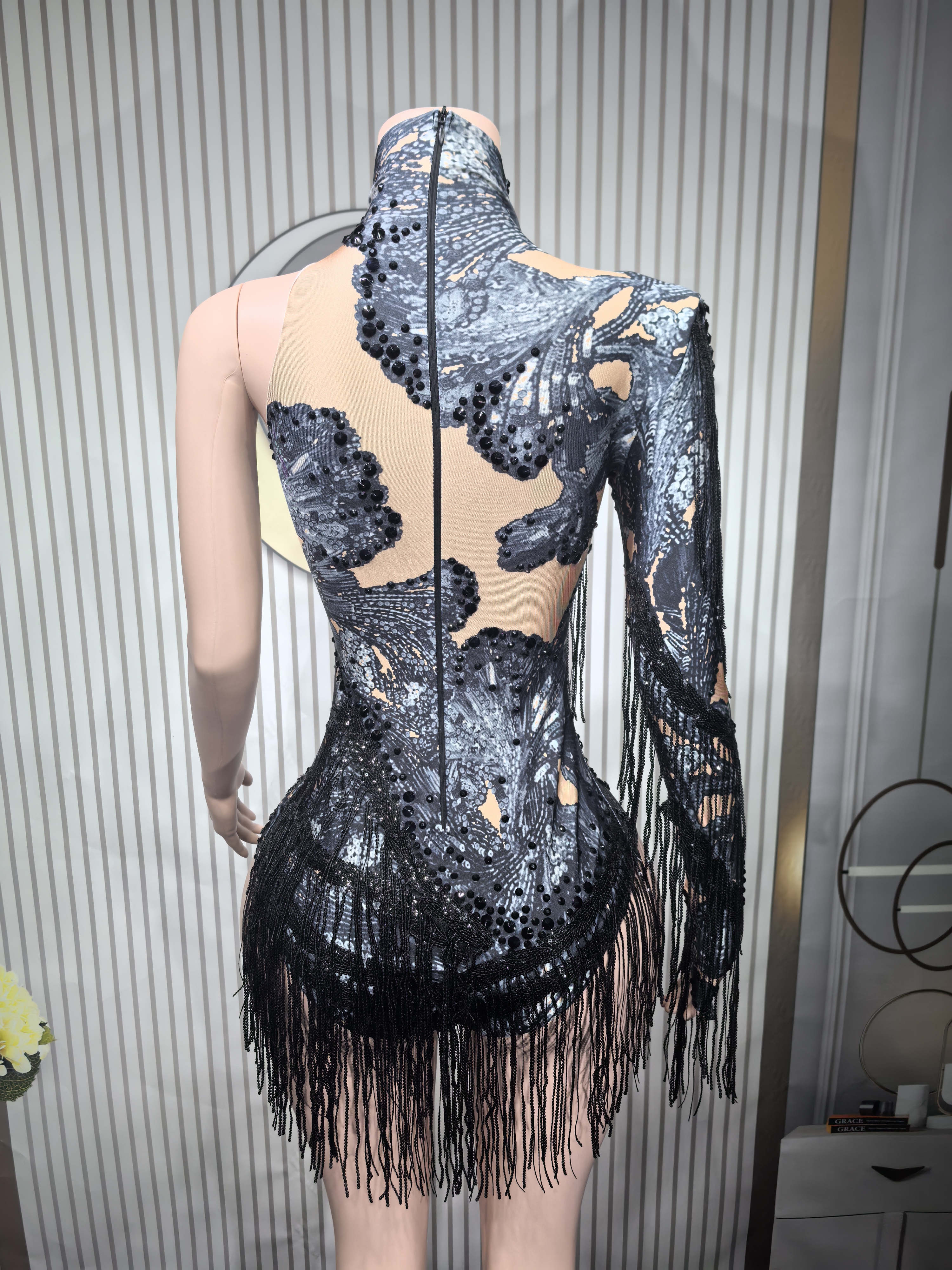 AliExpress Sexy Skinny Leotard Singer Dancer Show StageWear Sparkly Blue Rhinestones Women DanceCostume Fringes One Shoulder Bodysuit  7G, view 6