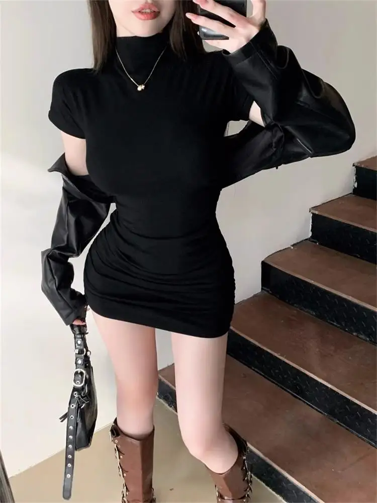 AliExpress Sexy Tight Half High Collar Pleated Waist Mini Dress Spicy Girls Slim Dresses Bodycon Women Vestidos Cortos Party Mujer Clothing, view 2