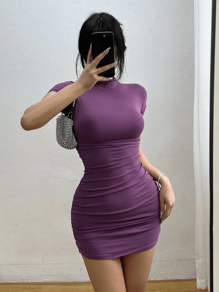 AliExpress Sexy Tight Half High Collar Pleated Waist Mini Dress Spicy Girls Slim Dresses Bodycon Women Vestidos Cortos Party Mujer Clothing, view 3