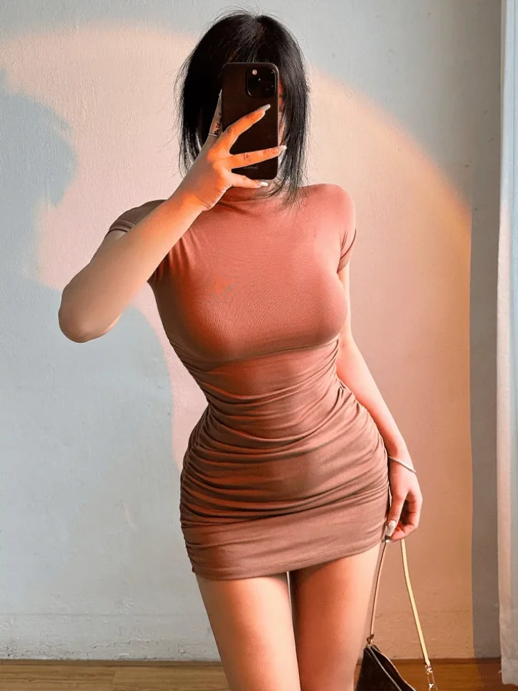 AliExpress Sexy Tight Half High Collar Pleated Waist Mini Dress Spicy Girls Slim Dresses Bodycon Women Vestidos Cortos Party Mujer Clothing, view 6