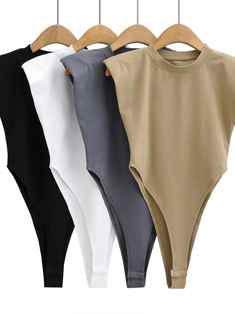AliExpress Sexy tops women Summer one-pieces bodycon bodysuit padded shoulder bodysuit black sleeveless body suits for women white