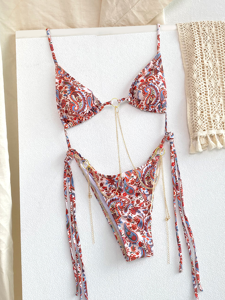 AliExpress Sexy Triangle Chains Bikini Sets Micro Thongs Swimsuit Women Bathing Suit Biquini Bandage Beachwear Print Swimwear Thong Bikini