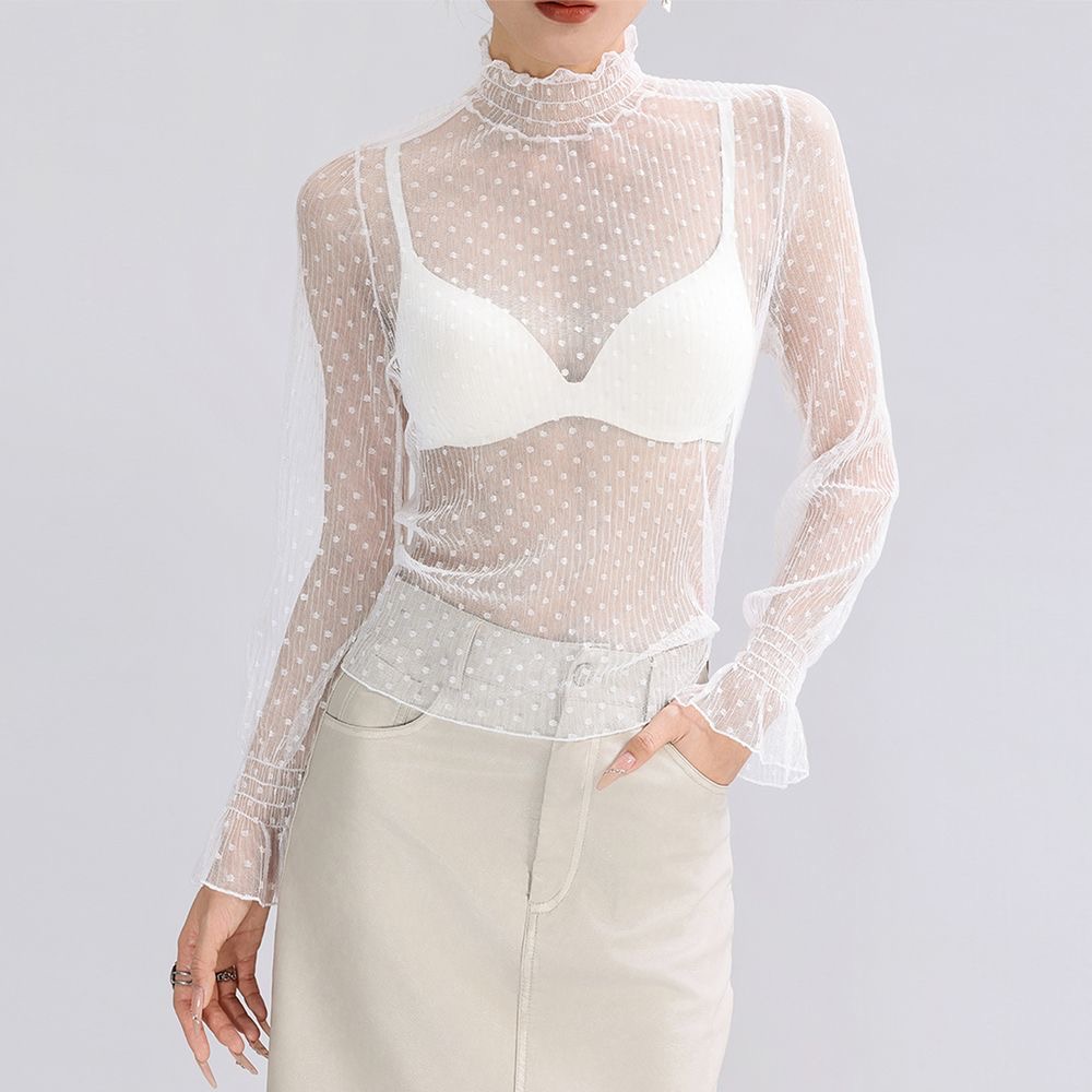 AliExpress Sexy Women Mesh T-Shirts Transparent Lace Blouse Long Sleeve See Through Tops For Women O Neck Sheer Tees Body Crop Top, view 5