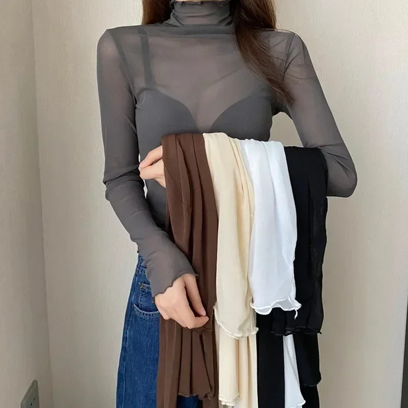 AliExpress Sexy Women T Shirt See Through Transparent Mesh Tops Long Sleeve Sheer Slim Ladies Solid Turtleneck Silk T-Shirt Lace Crop Top