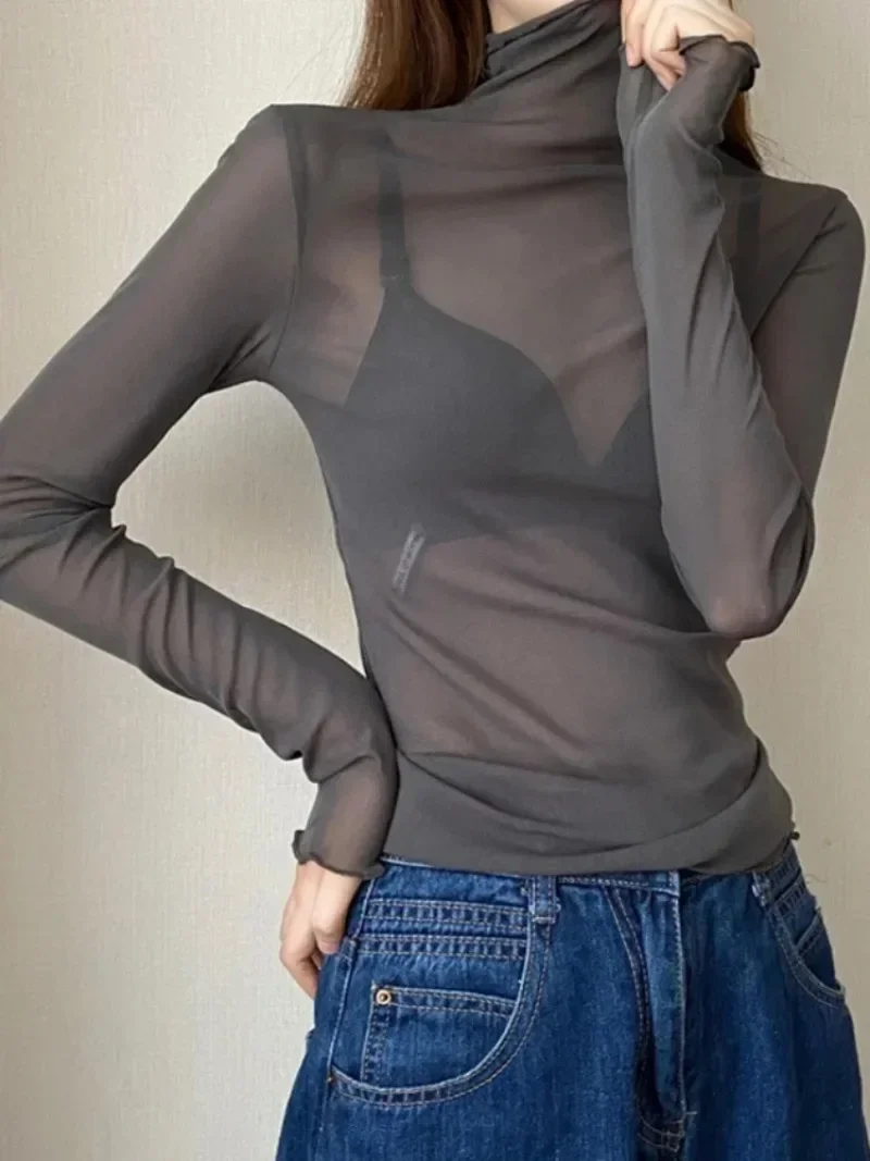 AliExpress Sexy Women T Shirt See Through Transparent Mesh Tops Long Sleeve Sheer Slim Ladies Solid Turtleneck Silk T-Shirt Lace Crop Top, view 2