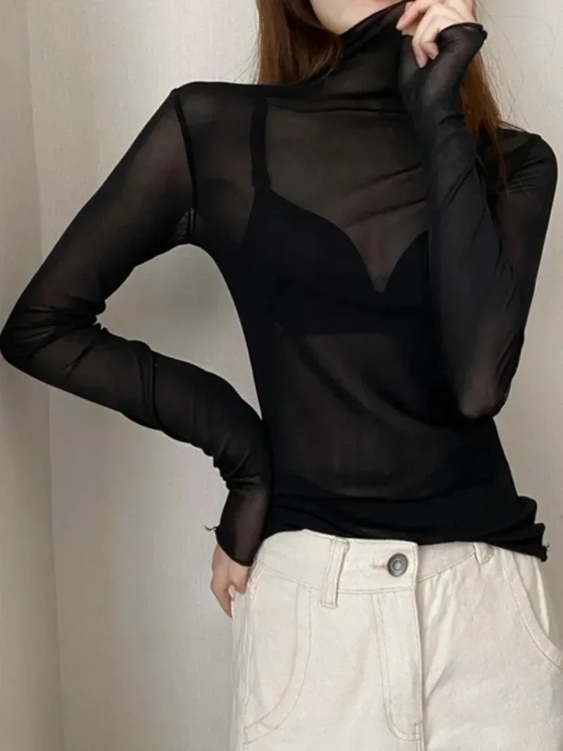 AliExpress Sexy Women T Shirt See Through Transparent Mesh Tops Long Sleeve Sheer Slim Ladies Solid Turtleneck Silk T-Shirt Lace Crop Top, view 3