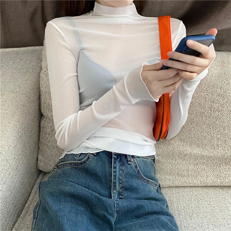 AliExpress Sexy Women T Shirt See Through Transparent Mesh Tops Long Sleeve Sheer Slim Ladies Solid Turtleneck Silk T-Shirt Lace Crop Top, view 4