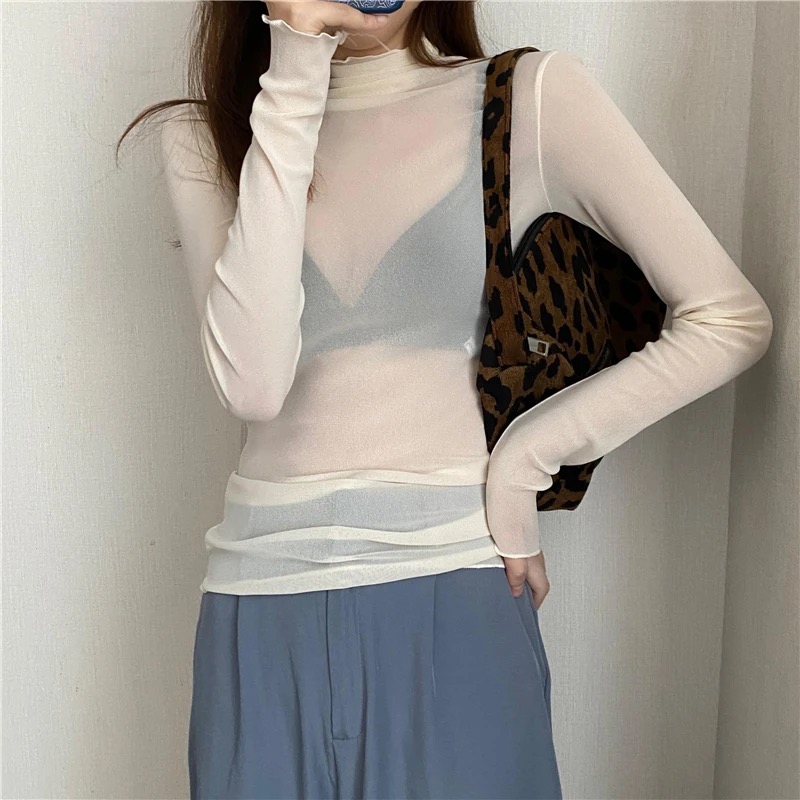 AliExpress Sexy Women T Shirt See Through Transparent Mesh Tops Long Sleeve Sheer Slim Ladies Solid Turtleneck Silk T-Shirt Lace Crop Top, view 5