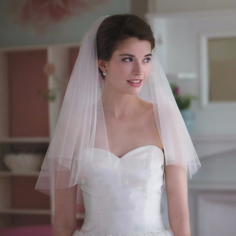 AliExpress Simple 2 Tiers Fingertip Bridal Veils Cut Edge Tulle Veil with Comb Marriage Accessories