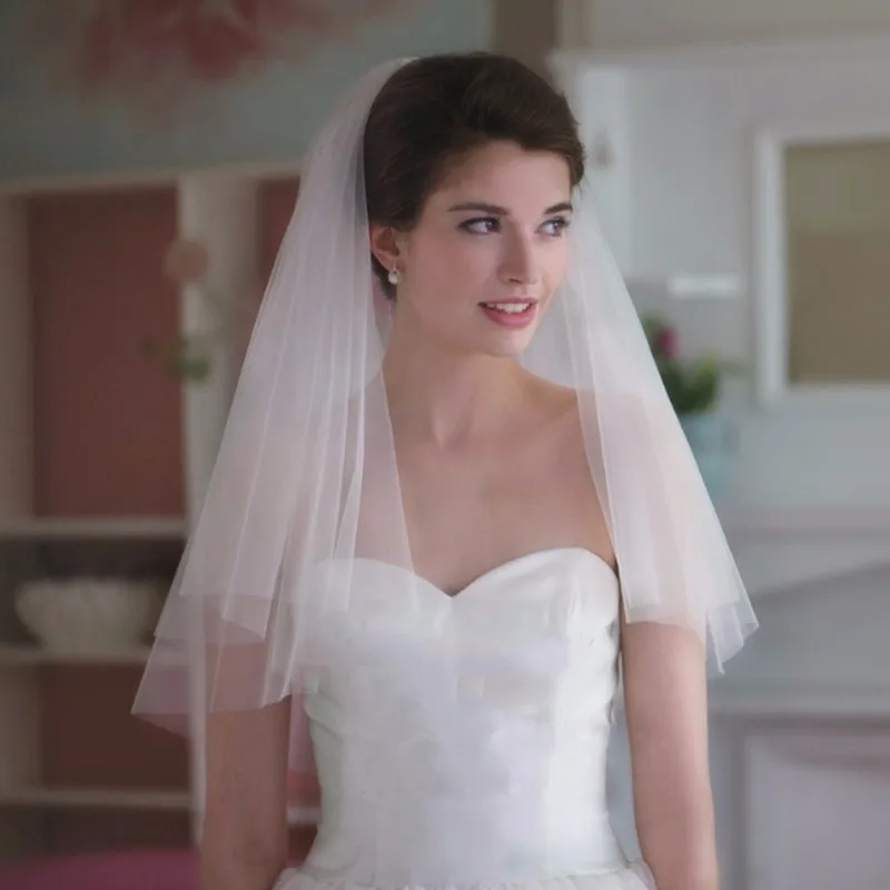 AliExpress Simple 2 Tiers Fingertip Bridal Veils Cut Edge Tulle Veil with Comb Marriage Accessories