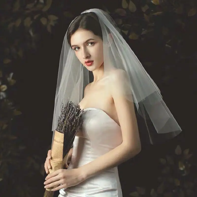 AliExpress Simple 2 Tiers Fingertip Bridal Veils Cut Edge Tulle Veil with Comb Marriage Accessories, view 2