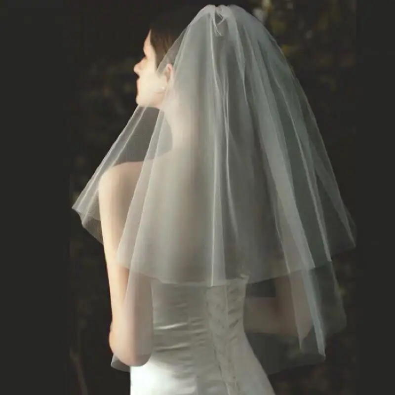AliExpress Simple 2 Tiers Fingertip Bridal Veils Cut Edge Tulle Veil with Comb Marriage Accessories, view 3