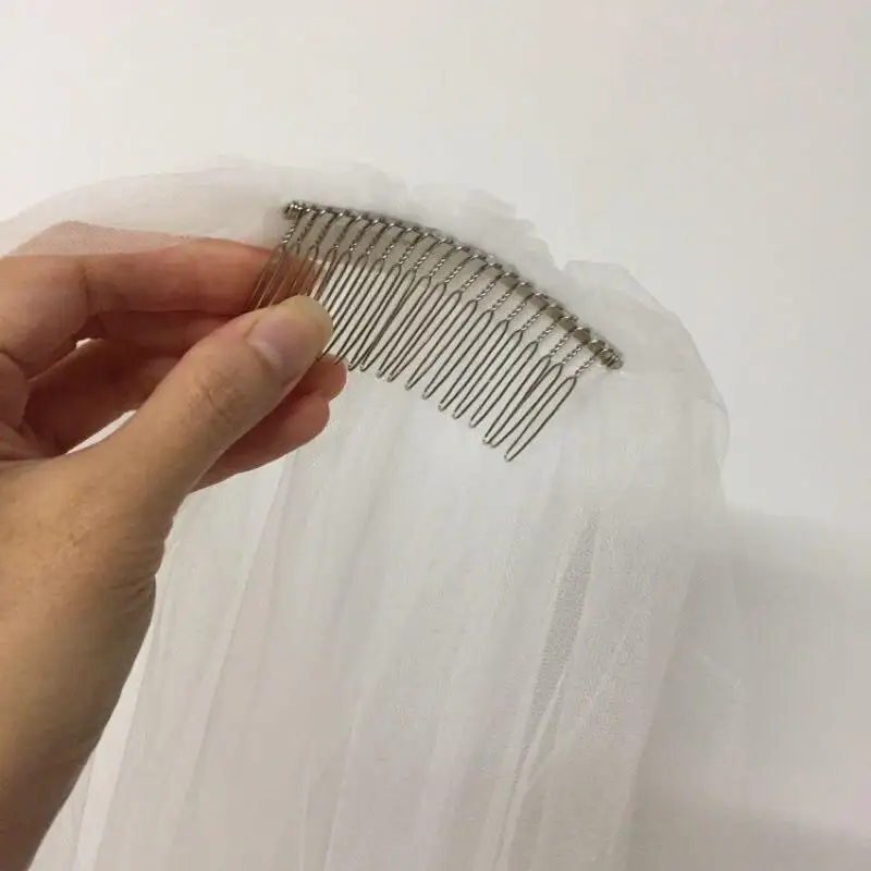 AliExpress Simple 2 Tiers Fingertip Bridal Veils Cut Edge Tulle Veil with Comb Marriage Accessories, view 4