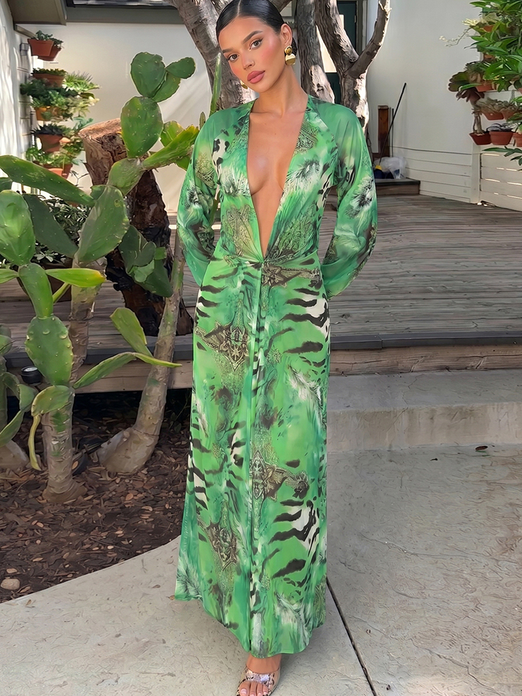 AliExpress Sisterlinda Backless Long Dress Woman Autumn Trend Deep V-Neck Tiger Stripe Print Lantern Sleeve Beach Party Elegant Vestidos