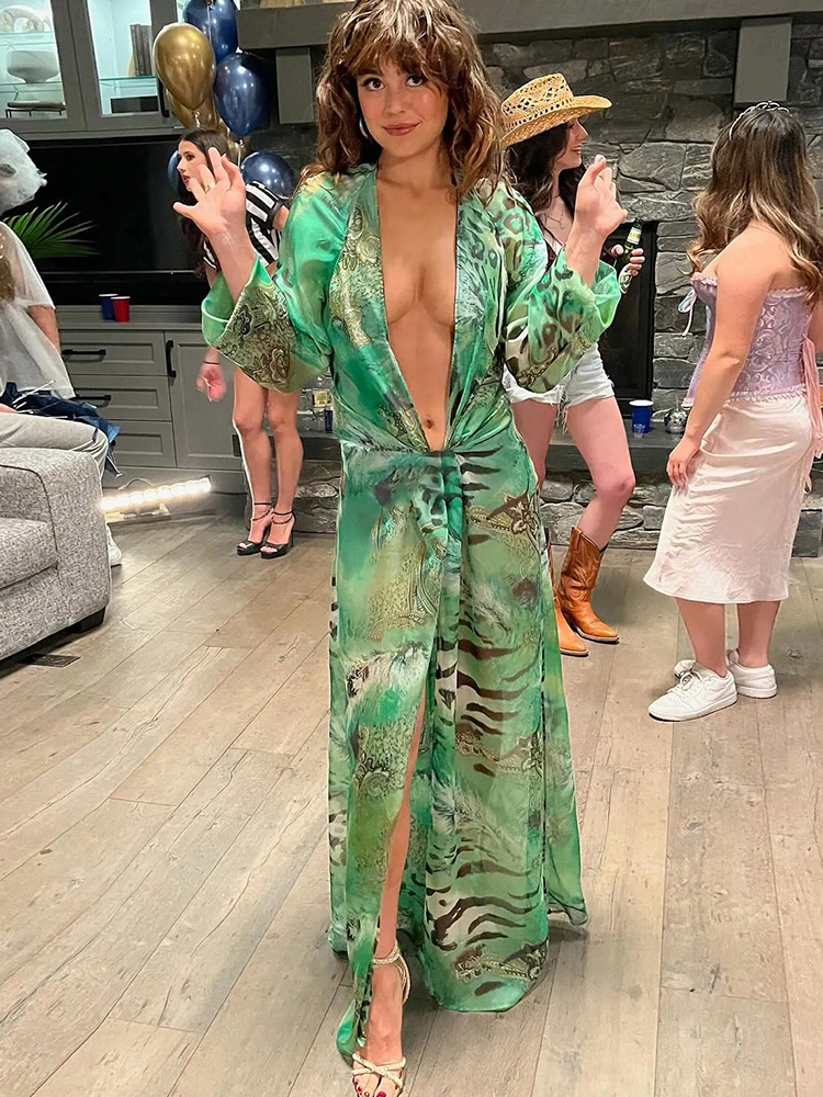 AliExpress Sisterlinda Backless Long Dress Woman Autumn Trend Deep V-Neck Tiger Stripe Print Lantern Sleeve Beach Party Elegant Vestidos, view 3