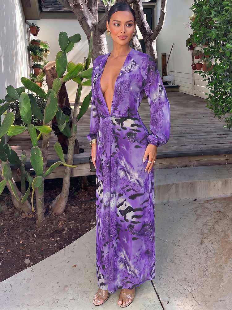 AliExpress Sisterlinda Backless Long Dress Woman Autumn Trend Deep V-Neck Tiger Stripe Print Lantern Sleeve Beach Party Elegant Vestidos, view 5