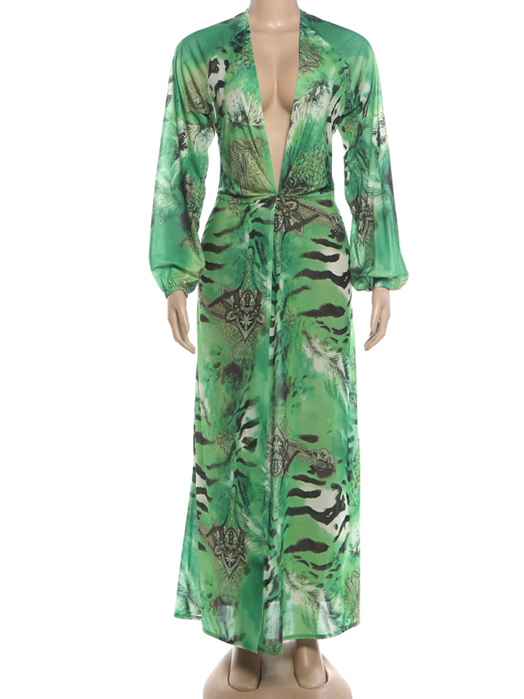 AliExpress Sisterlinda Backless Long Dress Woman Autumn Trend Deep V-Neck Tiger Stripe Print Lantern Sleeve Beach Party Elegant Vestidos, view 6