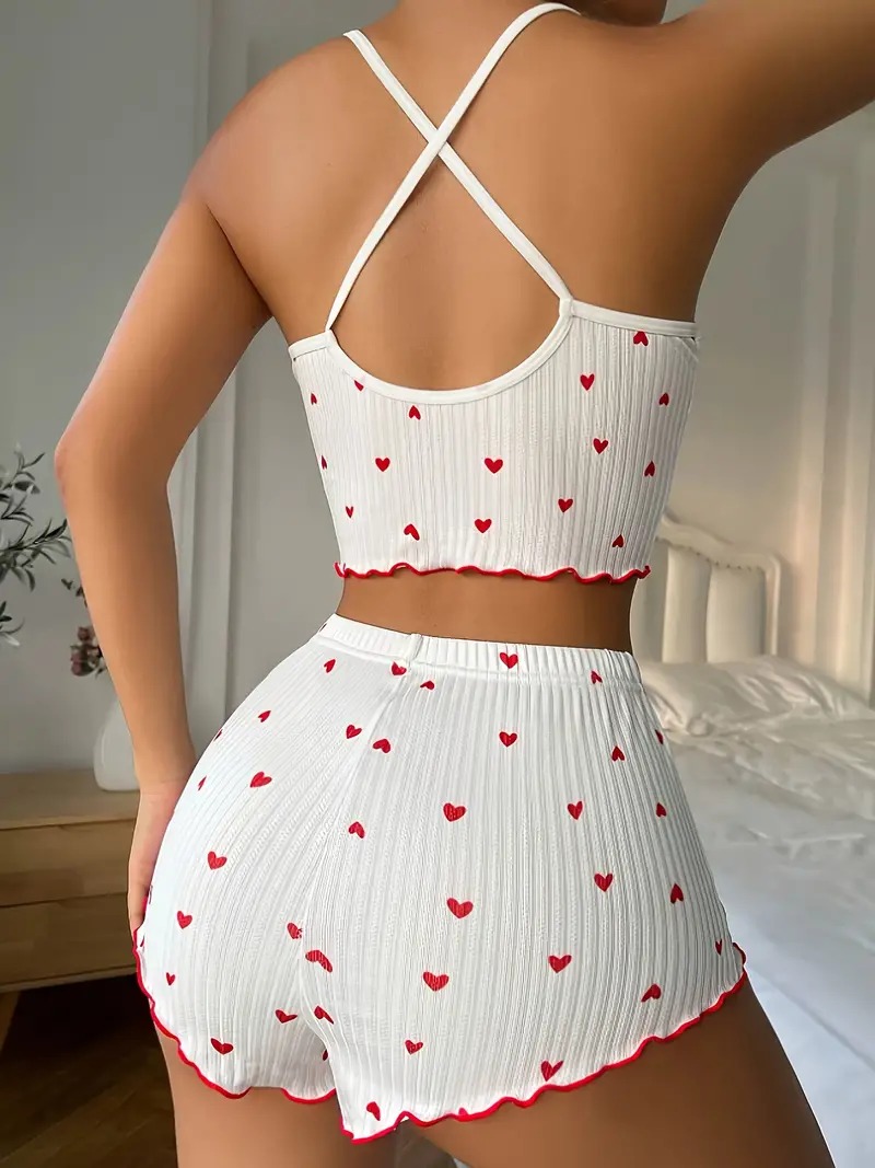 AliExpress Sleepwear Women Pajamas Set Heart Print Soft Ribbed Fabric with Flirty Frill Trim Casual Cami Top and Shorts Sets Loungewear, view 2