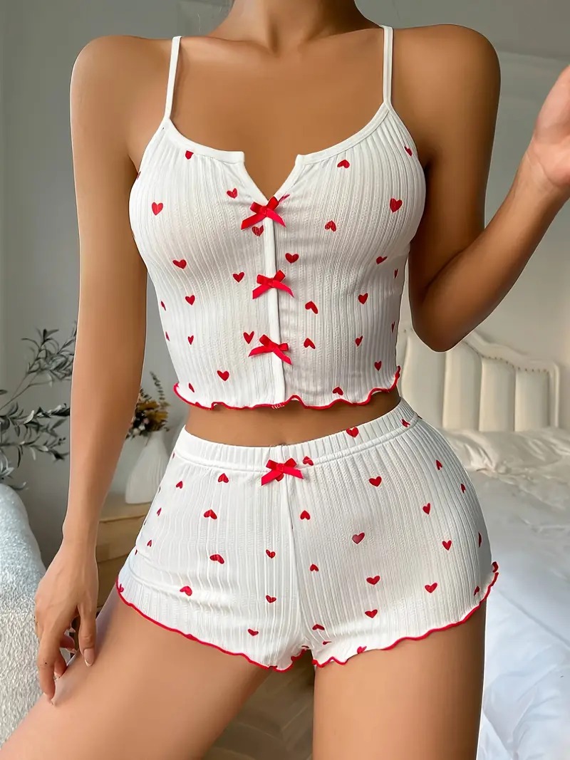 AliExpress Sleepwear Women Pajamas Set Heart Print Soft Ribbed Fabric with Flirty Frill Trim Casual Cami Top and Shorts Sets Loungewear, view 3