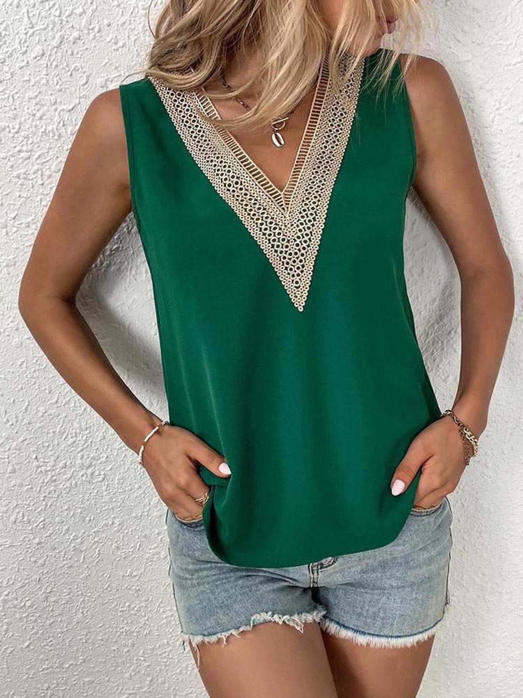 AliExpress Sleeveless V-neck Lace Parchwork Blouse Women Loose Hollow Out Summer Tee Shirt Casual Streetwear Tsnk Top, view 2