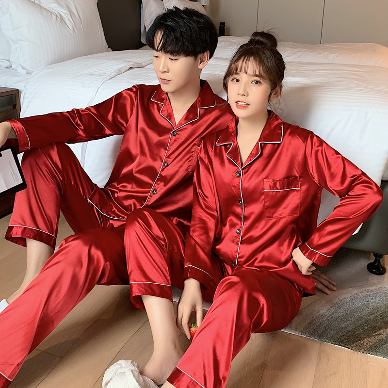 AliExpress Solid Color Sleepwear Silk Satin Pajamas Couple Set Long Button-Down Pyjamas Suit Pijama Women Men Loungewear Plus Size Pj Set