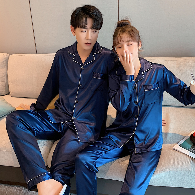 AliExpress Solid Color Sleepwear Silk Satin Pajamas Couple Set Long Button-Down Pyjamas Suit Pijama Women Men Loungewear Plus Size Pj Set, view 2