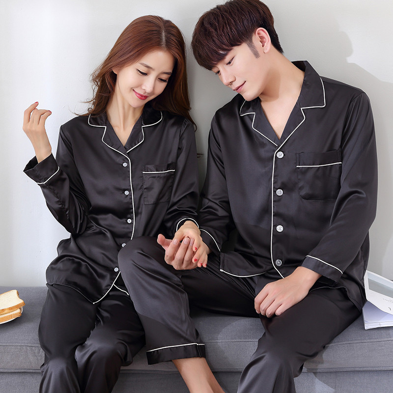 AliExpress Solid Color Sleepwear Silk Satin Pajamas Couple Set Long Button-Down Pyjamas Suit Pijama Women Men Loungewear Plus Size Pj Set, view 3