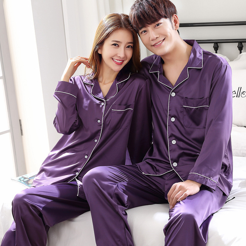 AliExpress Solid Color Sleepwear Silk Satin Pajamas Couple Set Long Button-Down Pyjamas Suit Pijama Women Men Loungewear Plus Size Pj Set, view 5