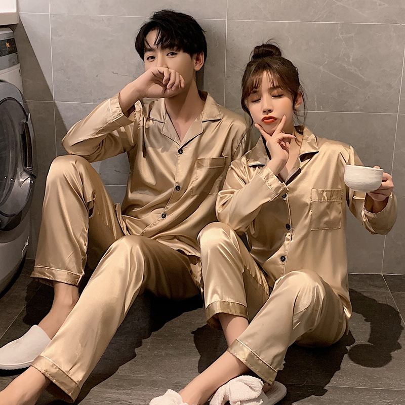 AliExpress Solid Color Sleepwear Silk Satin Pajamas Couple Set Long Button-Down Pyjamas Suit Pijama Women Men Loungewear Plus Size Pj Set, view 6