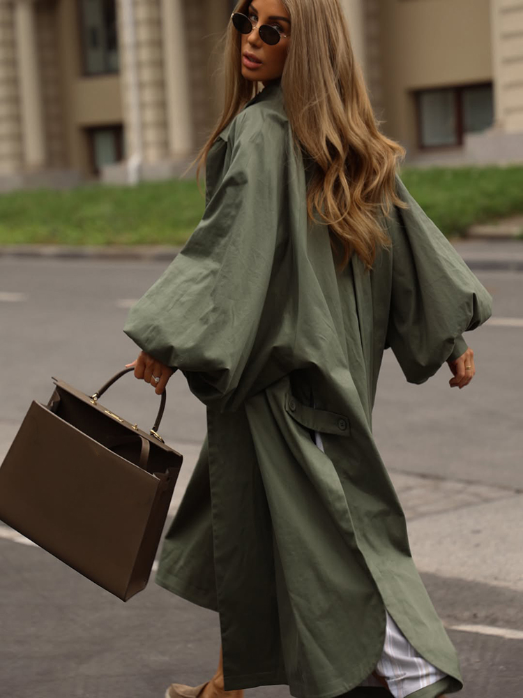AliExpress Solid Commute Women's Trench Coat Ovesized Puff Sleeve Single Breasted Long Jacket Lapel Side Slit 2026 New Autumn Lady Outwear, view 3