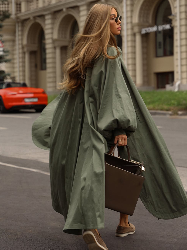 AliExpress Solid Commute Women's Trench Coat Ovesized Puff Sleeve Single Breasted Long Jacket Lapel Side Slit 2026 New Autumn Lady Outwear, view 4