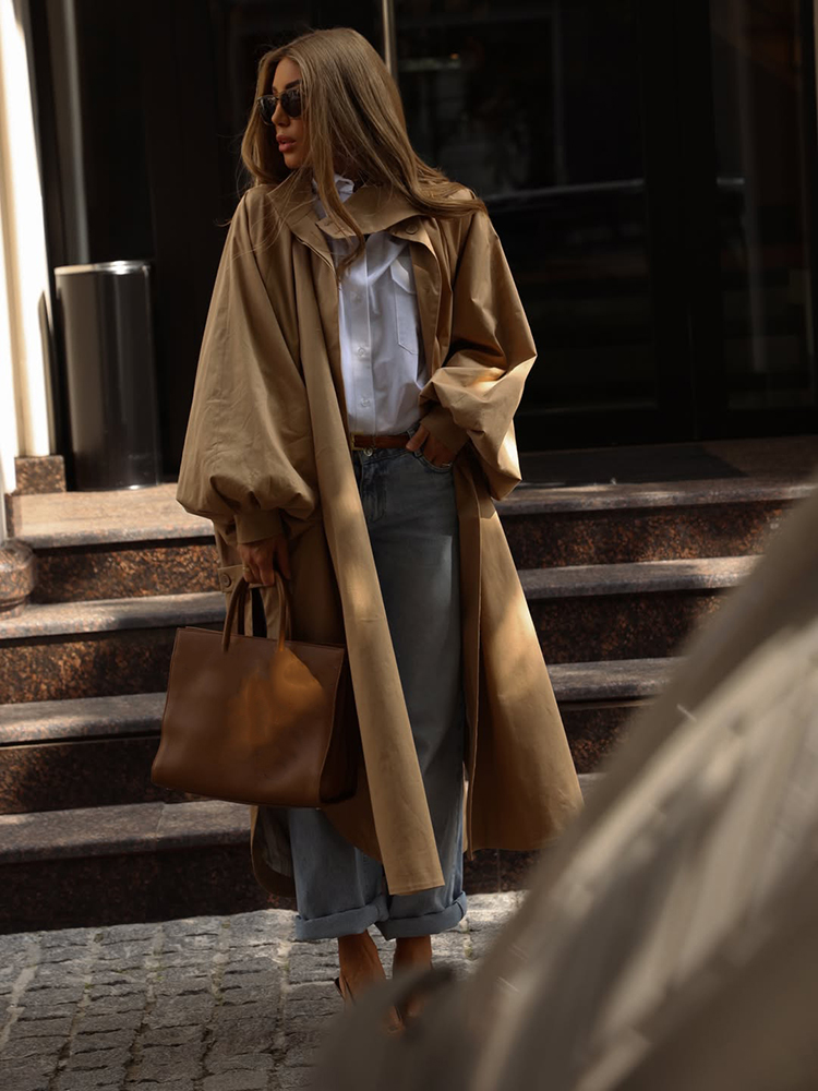 AliExpress Solid Commute Women's Trench Coat Ovesized Puff Sleeve Single Breasted Long Jacket Lapel Side Slit 2026 New Autumn Lady Outwear, view 6
