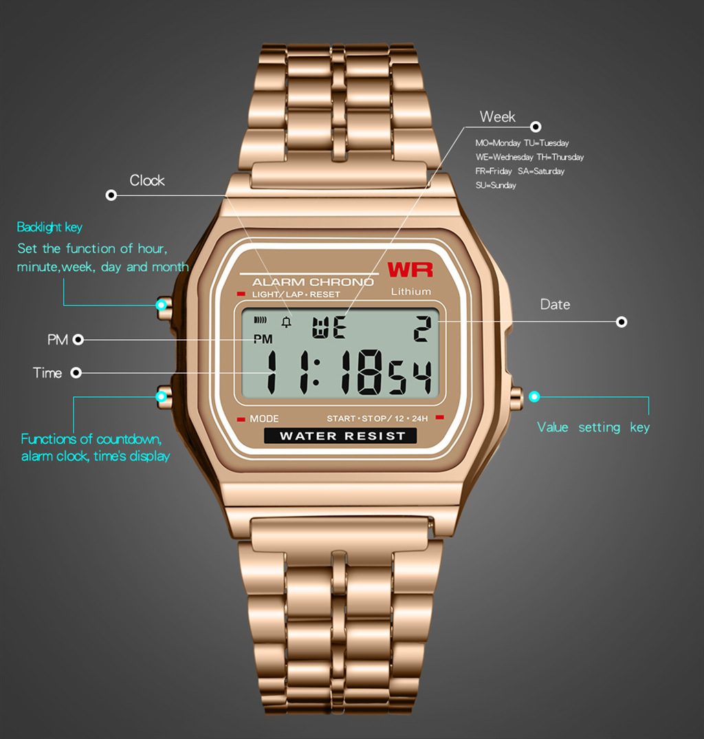 AliExpress Rose Gold Retro Digital Alarm Watch, view 6