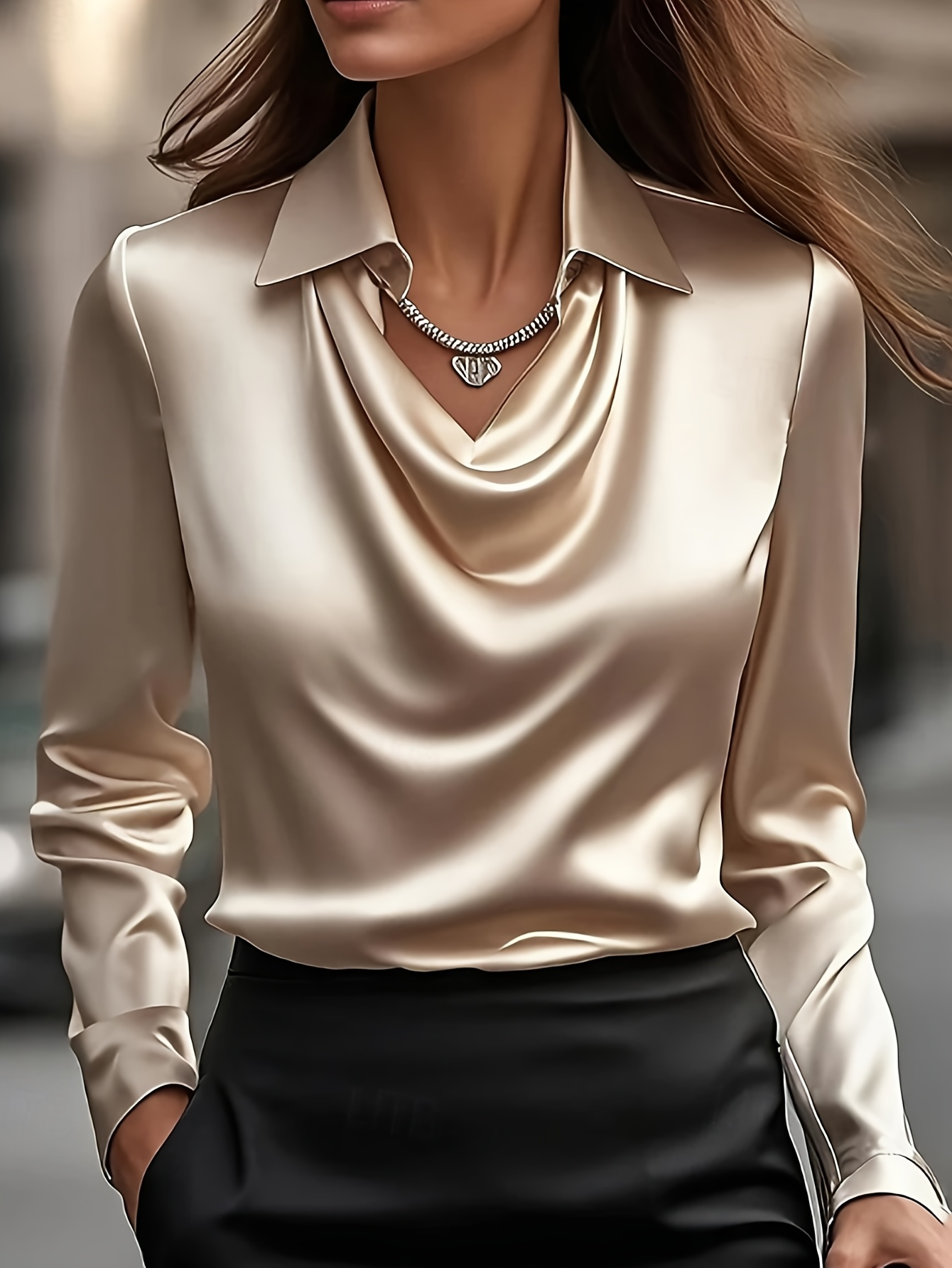 AliExpress Spring and Autumn Plus-Size Long-Sleeved Satin Shirt, Round Neck with Pleated Draped Collar, Elegant and Stylish Office and Outdoor Wear Top