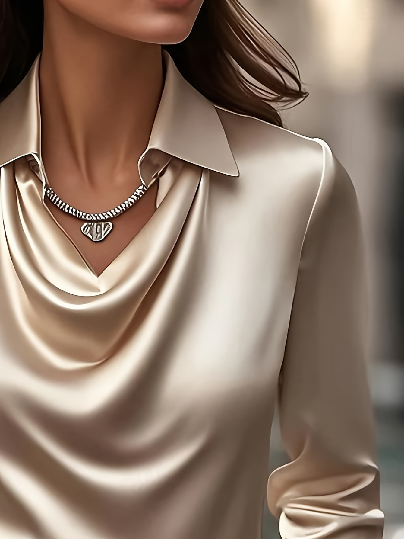 AliExpress Spring and Autumn Plus-Size Long-Sleeved Satin Shirt, Round Neck with Pleated Draped Collar, Elegant and Stylish Office and Outdoor Wear Top, view 2